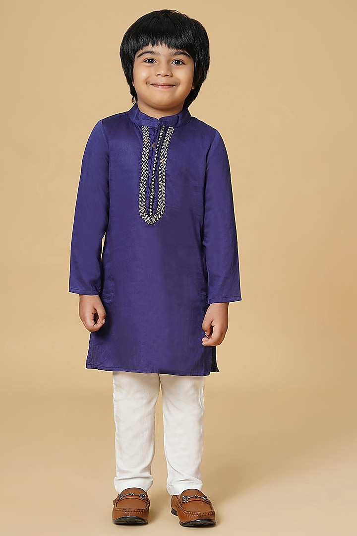 Purple Cotton Glaze Embroidered Kurta Set For Boys by K&U