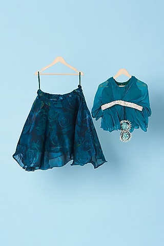 Bottle Green Printed Lehenga Set For Girls by Kulreeti