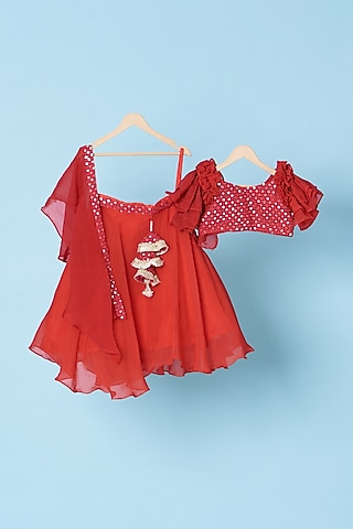 Red Organza Lehenga Set For Girls by Kulreeti