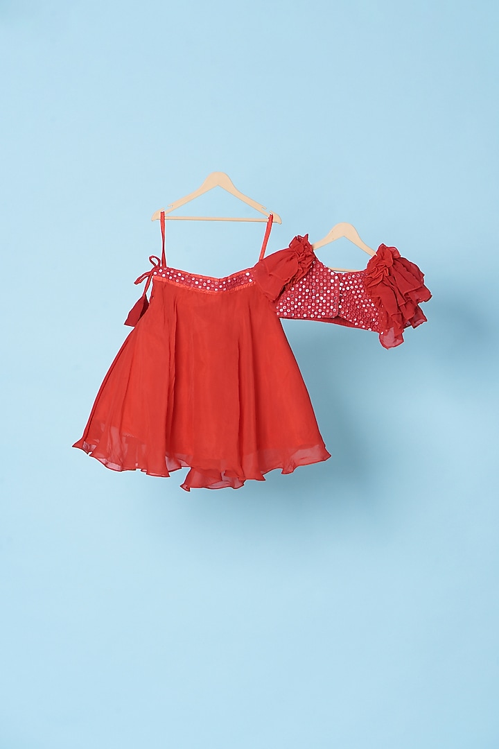 Red Organza Lehenga Set For Girls by Kulreeti at Pernia's Pop Up Shop