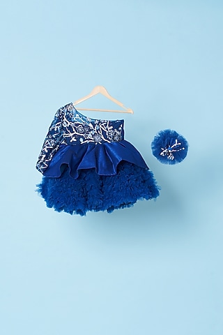Blue Embroidered One-Shoulder Dress For Girls by Kulreeti