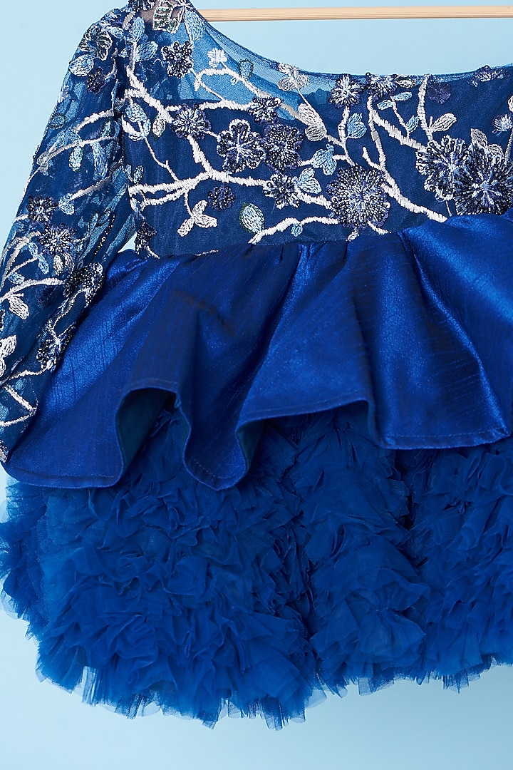 Blue Embroidered One-Shoulder Dress For Girls by Kulreeti at Pernia's Pop Up Shop