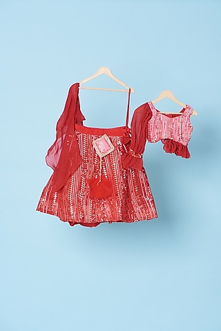Red Embellished Lehenga Set For Girls by Kulreeti
