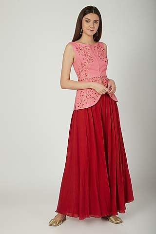 Red Hand Embroidered Jacket With Flared Pants by Kudi Pataka Designs