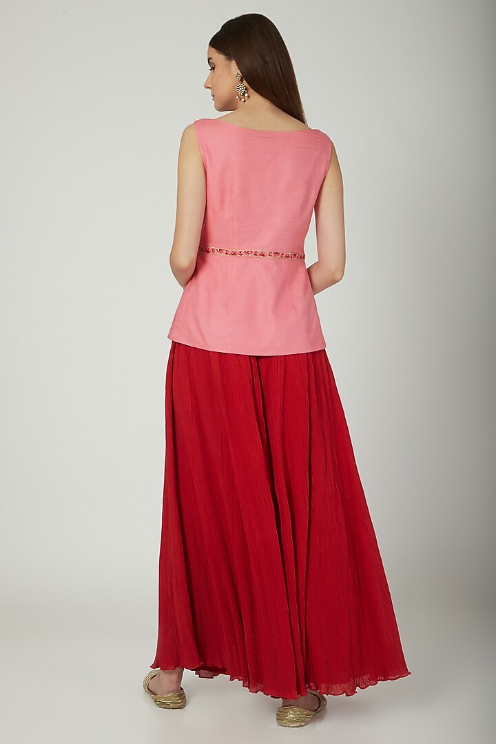 Red Hand Embroidered Jacket With Flared Pants by Kudi Pataka Designs at Pernia's Pop Up Shop