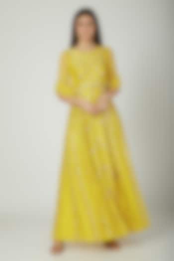 Yellow Hand Embroidered Gown With Overskirt by Kudi Pataka Designs