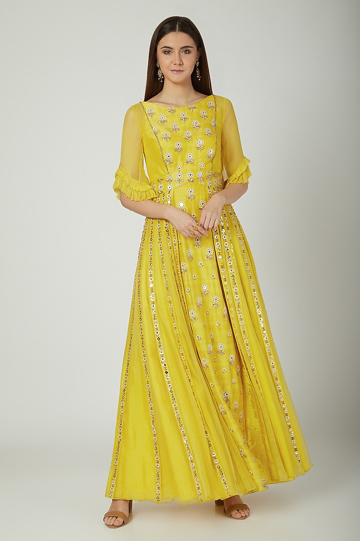 Yellow Hand Embroidered Gown With Overskirt by Kudi Pataka Designs