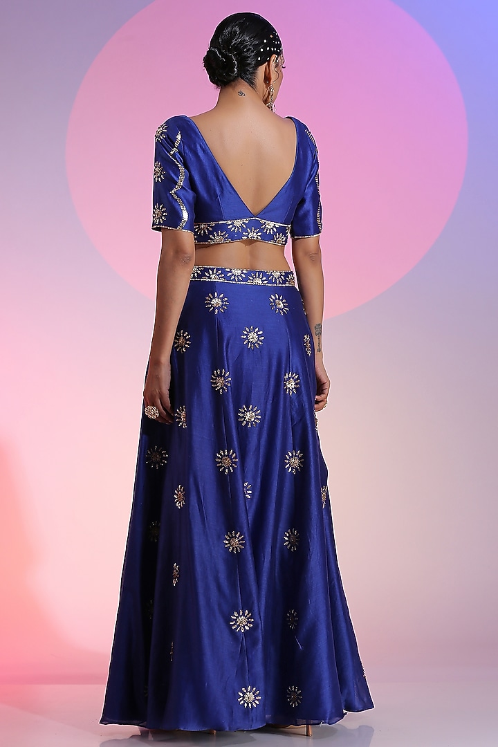 Blue Handwoven Cotton Silk Embroidered Wedding Lehenga Set by Kudi Pataka Designs  at Pernia's Pop Up Shop