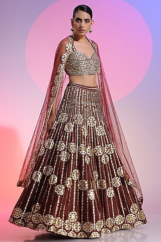 Maroon Pure Chanderi Gota Embellished Lehenga Set by Kudi Pataka Designs 