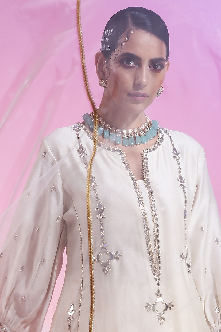 Ivory Handwoven Cotton Silk Embellished Kurta Set by Kudi Pataka Designs  at Pernia's Pop Up Shop