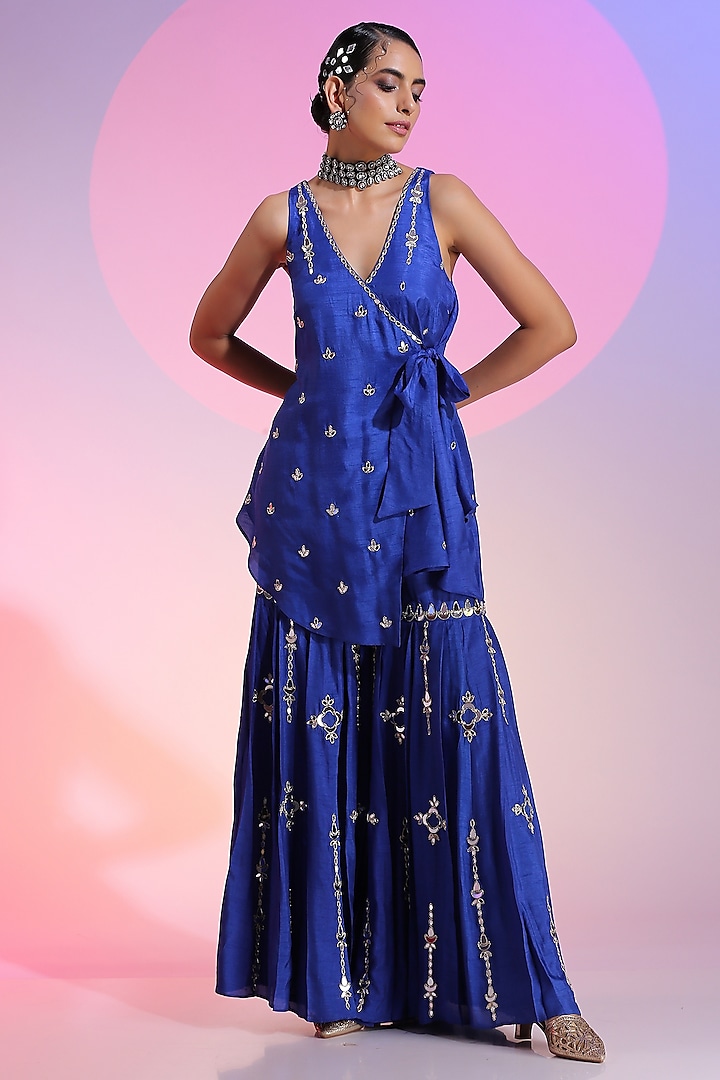 Blue Cupro Dola Silk Sharara Set by Kudi Pataka Designs 
