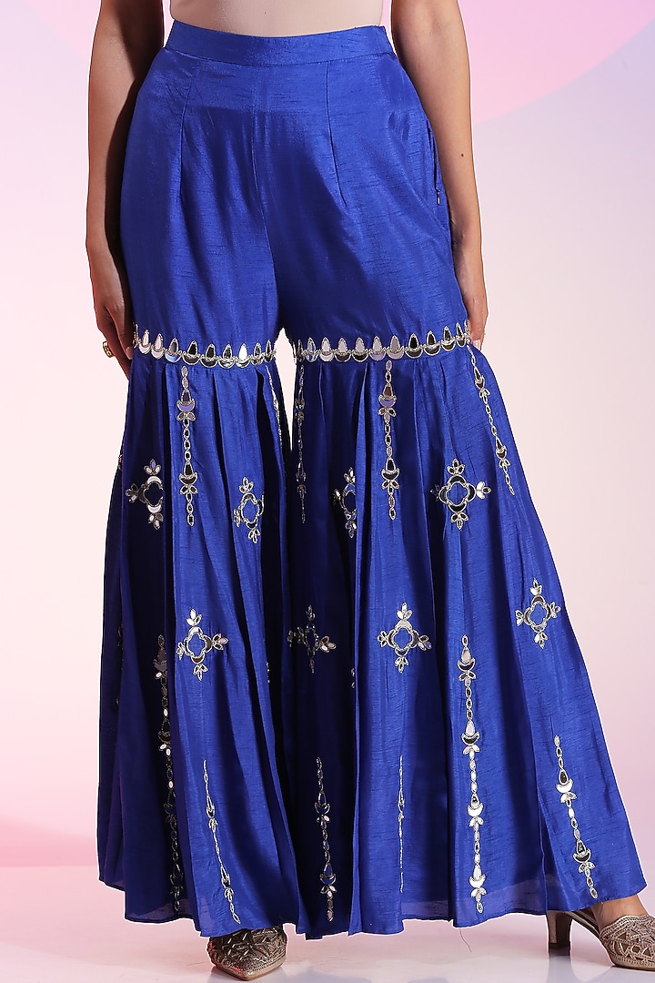 Blue Cupro Dola Silk Party Wear Sharara Set by Kudi Pataka Designs  at Pernia's Pop Up Shop