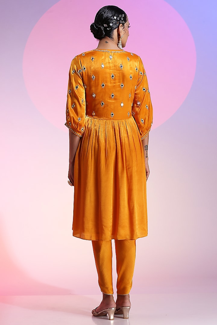 Mango Yellow Gajji Cupro Embroidered Kurta Set by Kudi Pataka Designs  at Pernia's Pop Up Shop