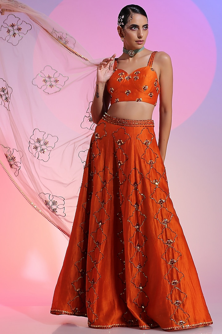 Orange Pure Chanderi Embroidered Wedding Lehenga Set by Kudi Pataka Designs  at Pernia's Pop Up Shop