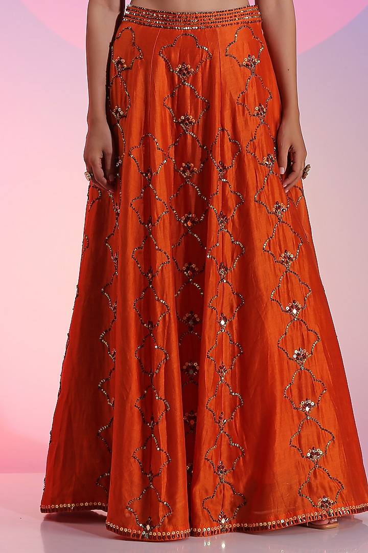 Orange Pure Chanderi Embroidered Wedding Lehenga Set by Kudi Pataka Designs  at Pernia's Pop Up Shop