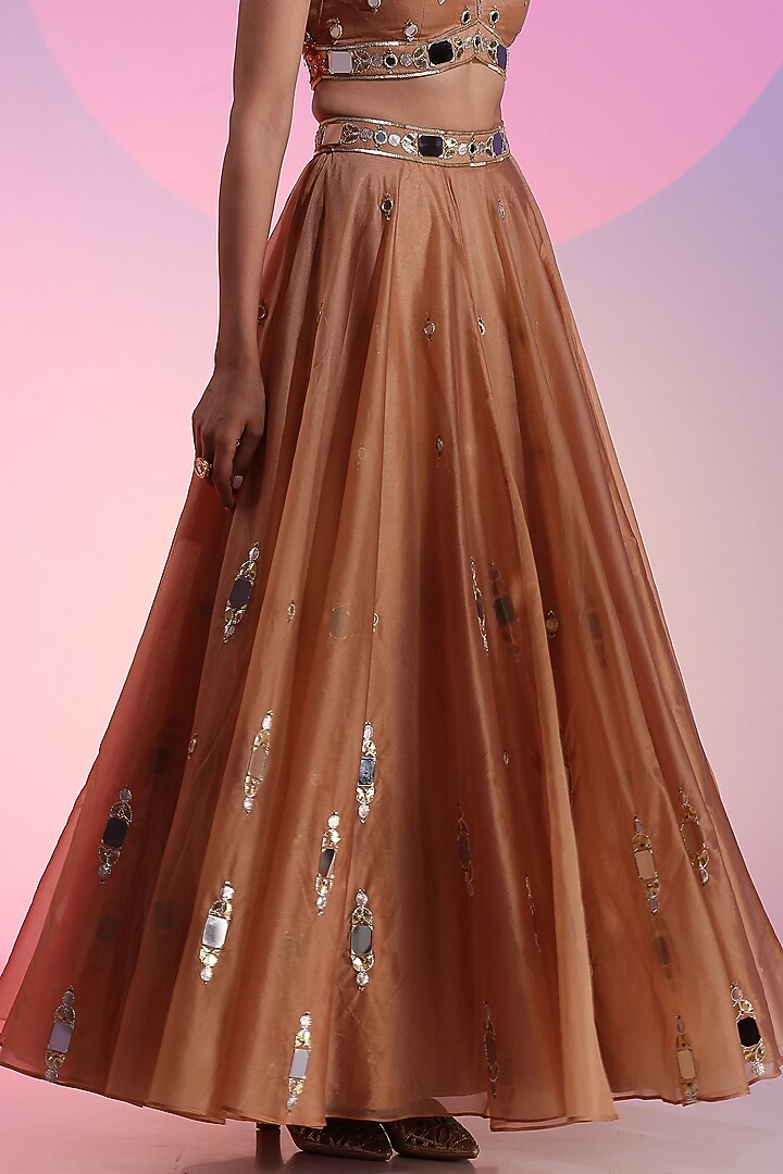Mink Beige Organza Embroidered Wedding Lehenga Set by Kudi Pataka Designs  at Pernia's Pop Up Shop