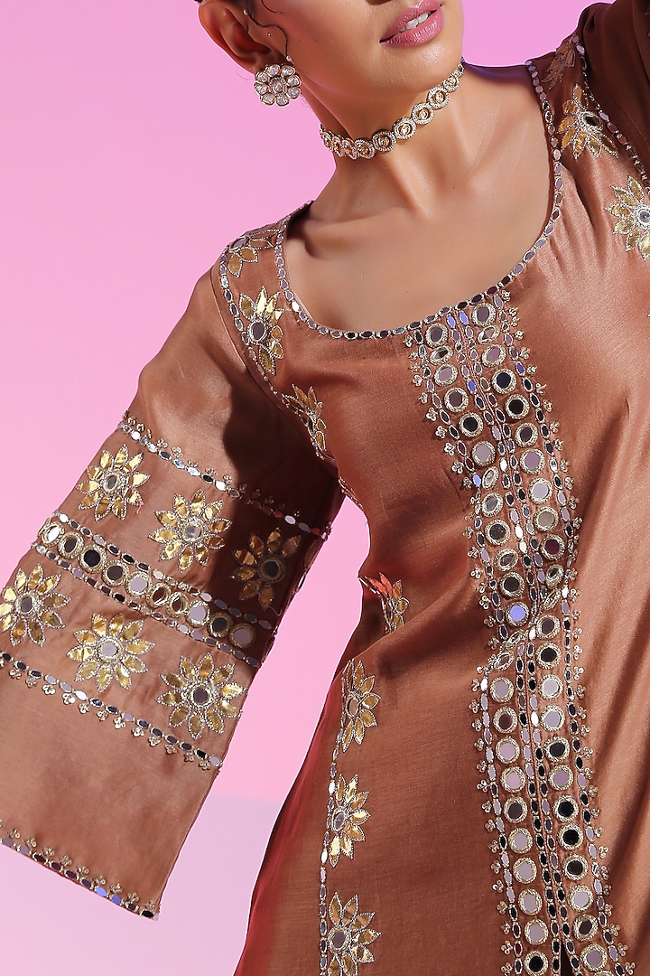 Mink Beige Pure Chanderi Embroidered Kurta Set by Kudi Pataka Designs  at Pernia's Pop Up Shop