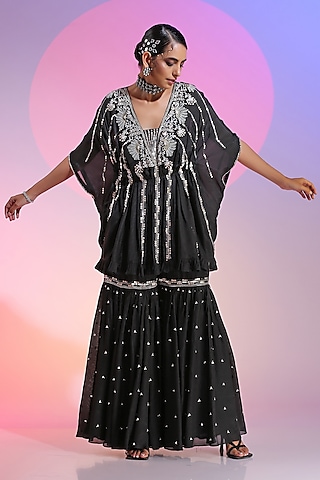 Black Habutai Cupro Sharara Set by Kudi Pataka Designs 