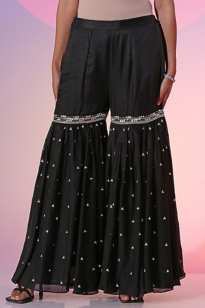 Black Habutai Cupro Wedding Sharara Set by Kudi Pataka Designs  at Pernia's Pop Up Shop