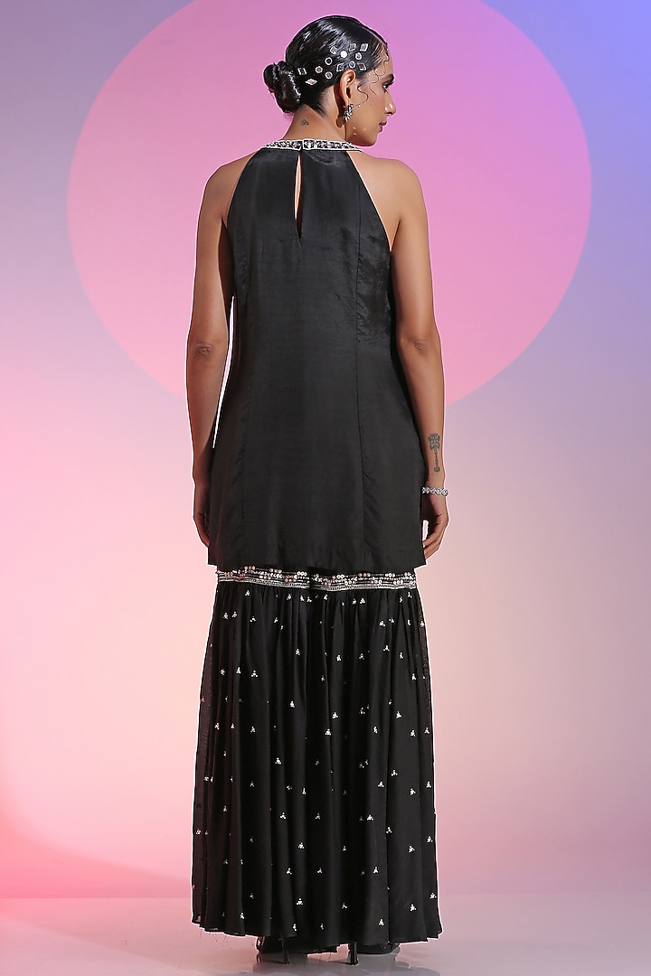 Black Habutai Cupro Embroidered Wedding Sharara Set by Kudi Pataka Designs  at Pernia's Pop Up Shop