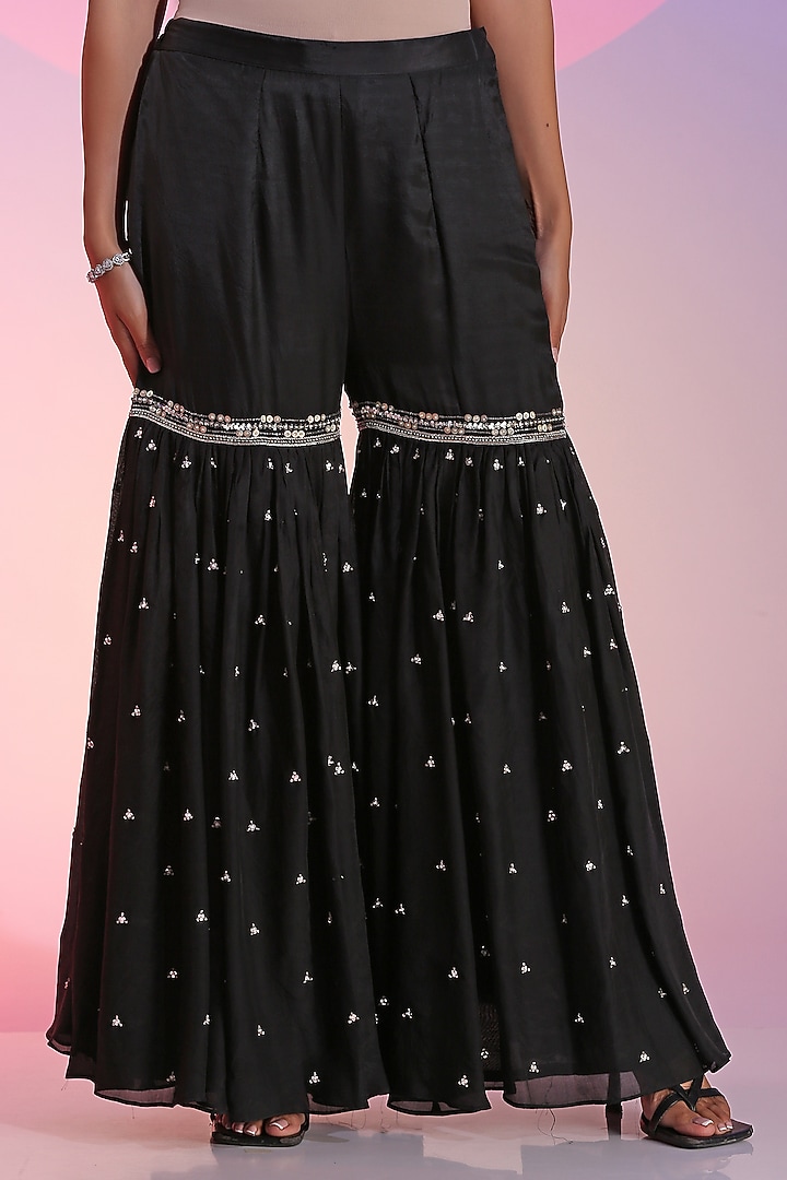 Black Habutai Cupro Embroidered Wedding Sharara Set by Kudi Pataka Designs  at Pernia's Pop Up Shop