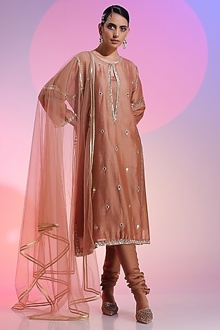 Mink Beige Pure Chanderi Embroidered Kurta Set by Kudi Pataka Designs 