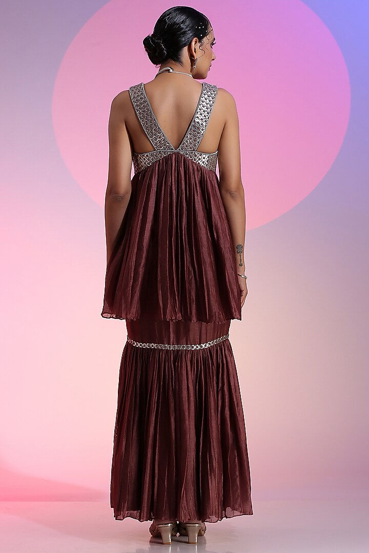 Brown Pure Chanderi Pleated Mermaid Skirt Set by Kudi Pataka Designs  at Pernia's Pop Up Shop