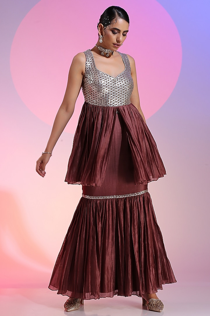 Brown Pure Chanderi Pleated Mermaid Skirt Set by Kudi Pataka Designs  at Pernia's Pop Up Shop