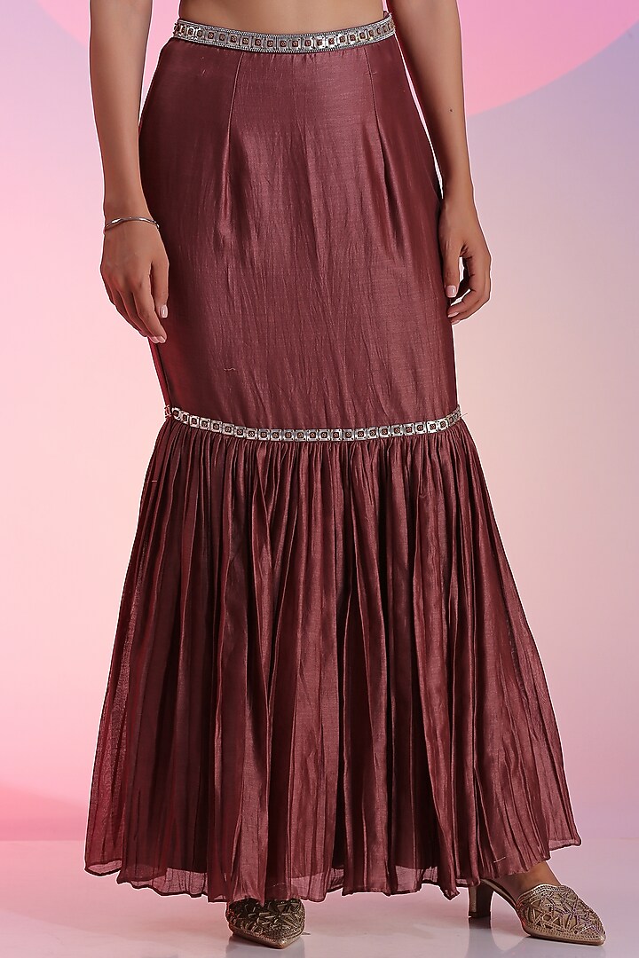 Brown Pure Chanderi Pleated Mermaid Skirt Set by Kudi Pataka Designs  at Pernia's Pop Up Shop