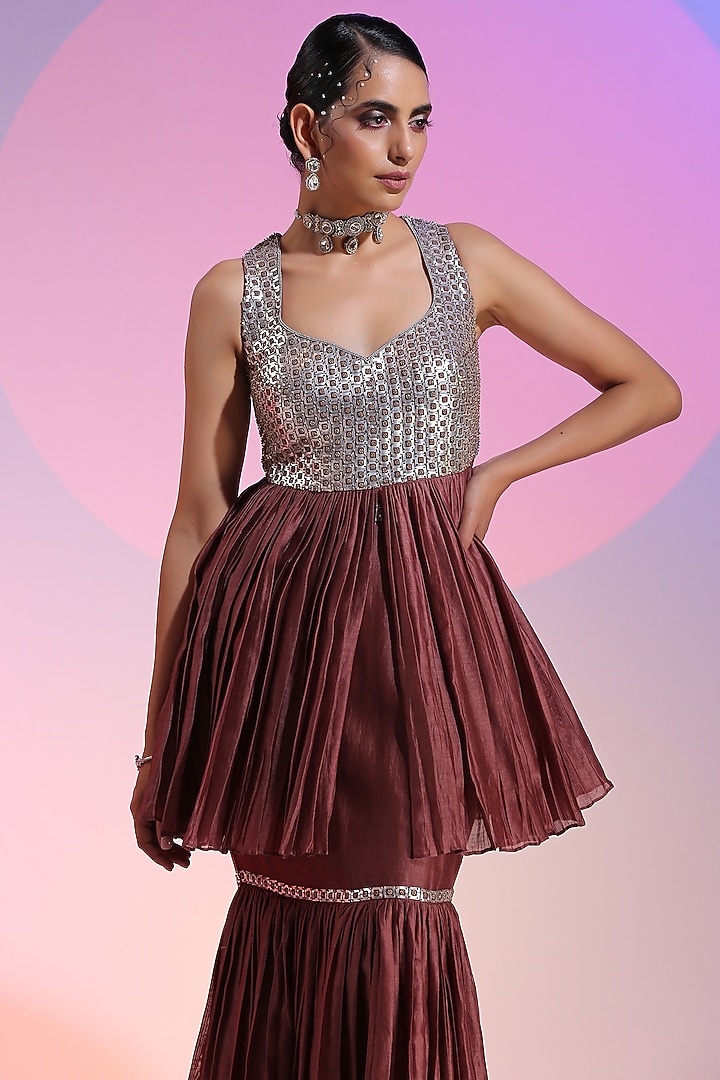 Brown Pure Chanderi Pleated Mermaid Skirt Set by Kudi Pataka Designs  at Pernia's Pop Up Shop