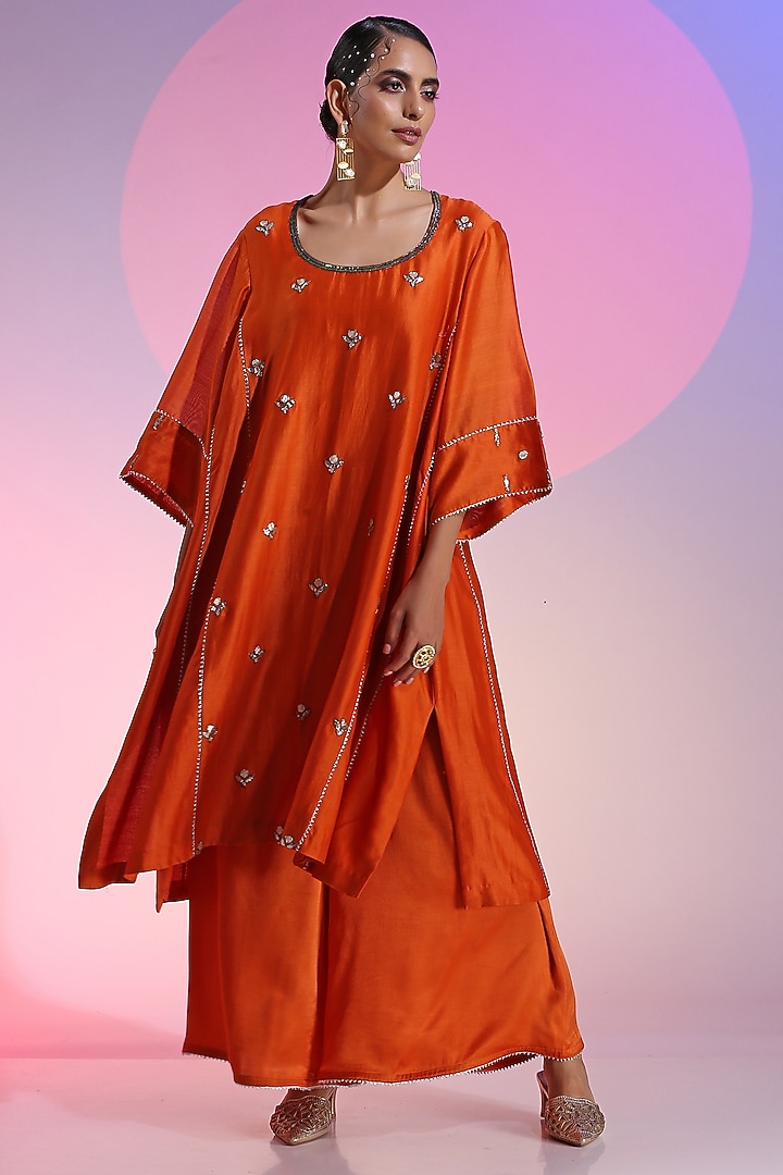 Rust Orange Pure Chanderi Embroidered Kurta Set by Kudi Pataka Designs  at Pernia's Pop Up Shop