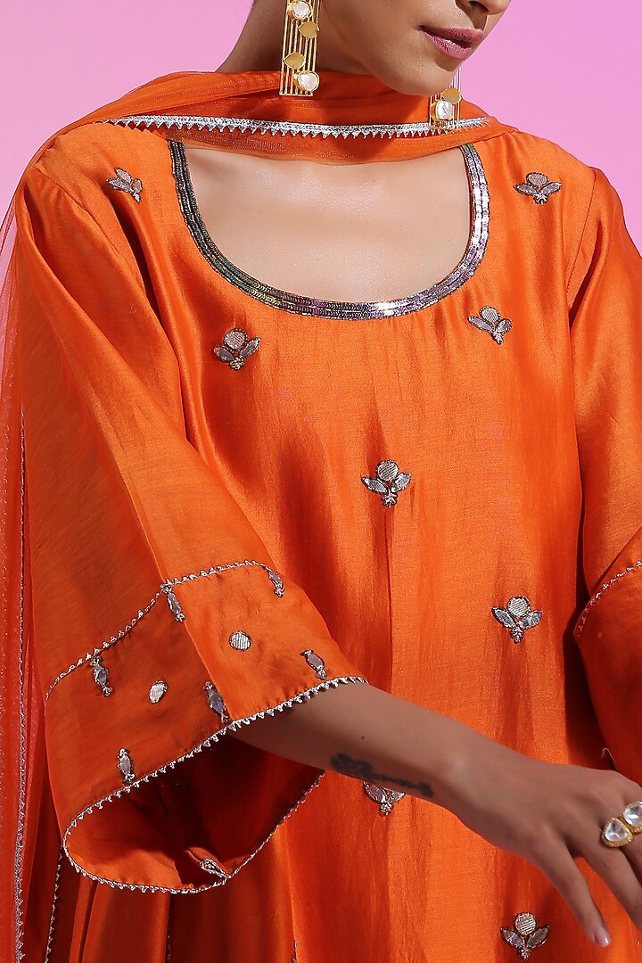 Rust Orange Pure Chanderi Embroidered Kurta Set by Kudi Pataka Designs  at Pernia's Pop Up Shop