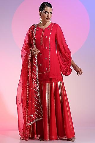 Ruby Cupro Organza Embroidered Skirt Set by Kudi Pataka Designs 