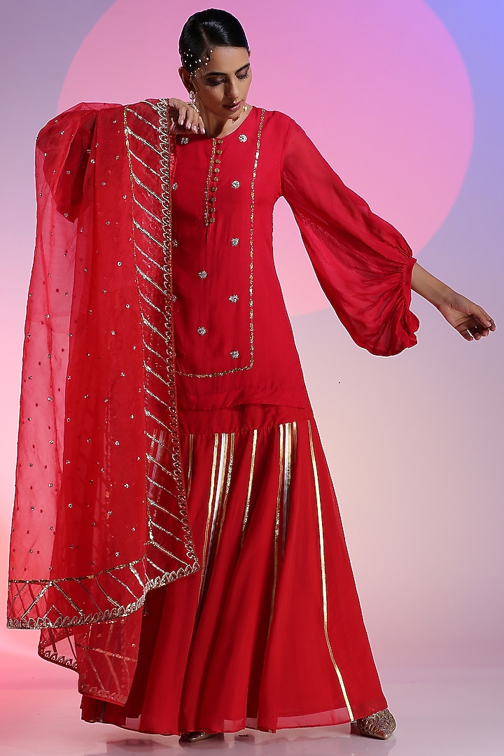 Ruby Cupro Organza Embroidered Skirt Set by Kudi Pataka Designs  at Pernia's Pop Up Shop