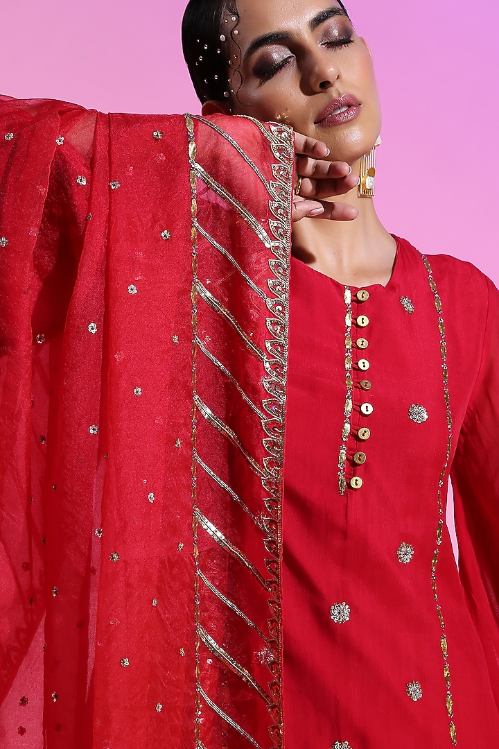 Ruby Cupro Organza Embroidered Skirt Set by Kudi Pataka Designs  at Pernia's Pop Up Shop