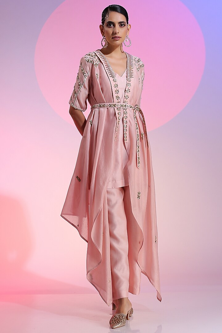 Soft Pink Pure Chanderi Embroidered Jacket Set by Kudi Pataka Designs  at Pernia's Pop Up Shop