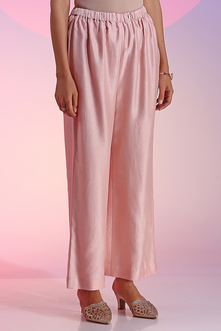 Soft Pink Pure Chanderi Embroidered Jacket Set by Kudi Pataka Designs  at Pernia's Pop Up Shop