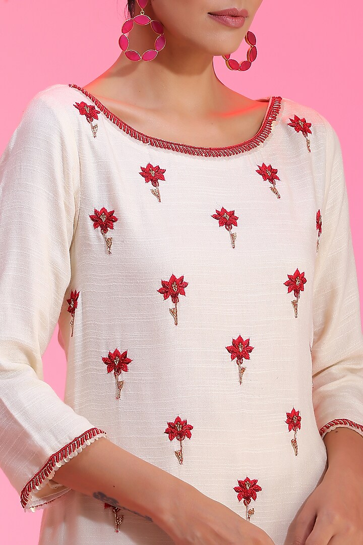 Ivory Modal Embroidered Kurta Set by Kudi Pataka Designs  at Pernia's Pop Up Shop