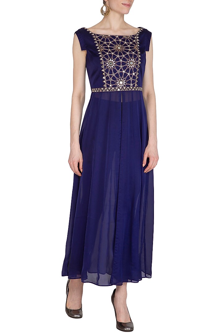 Deep Blue Hand Embroidered Kalidar Tunic by Kudi Pataka Designs at Pernia's Pop Up Shop