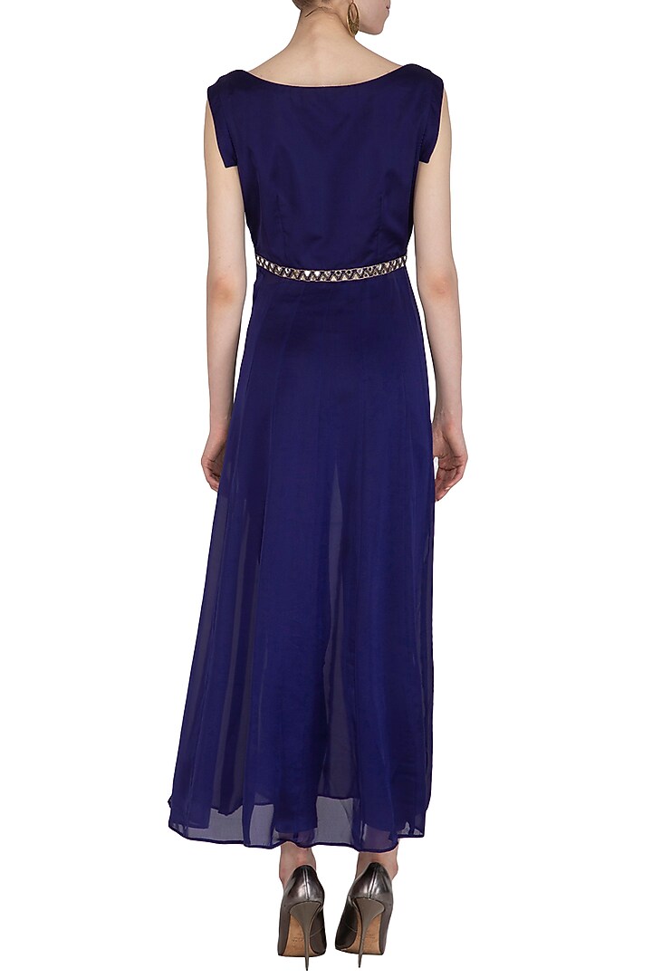 Deep Blue Hand Embroidered Kalidar Tunic by Kudi Pataka Designs at Pernia's Pop Up Shop