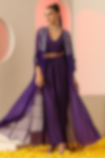 Purple Linen Georgette Mirror Embroidered Co-Ord Set by Kudi Pataka Designs at Pernia's Pop Up Shop