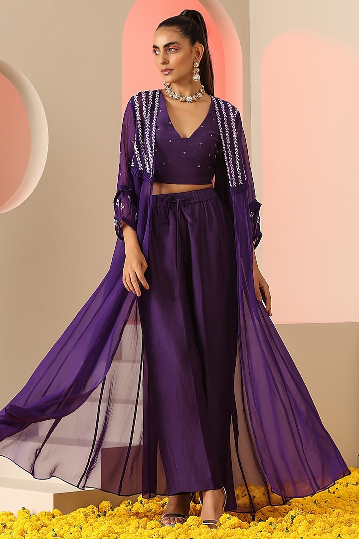 Purple Linen Georgette Mirror Embroidered Co-Ord Set by Kudi Pataka Designs at Pernia's Pop Up Shop