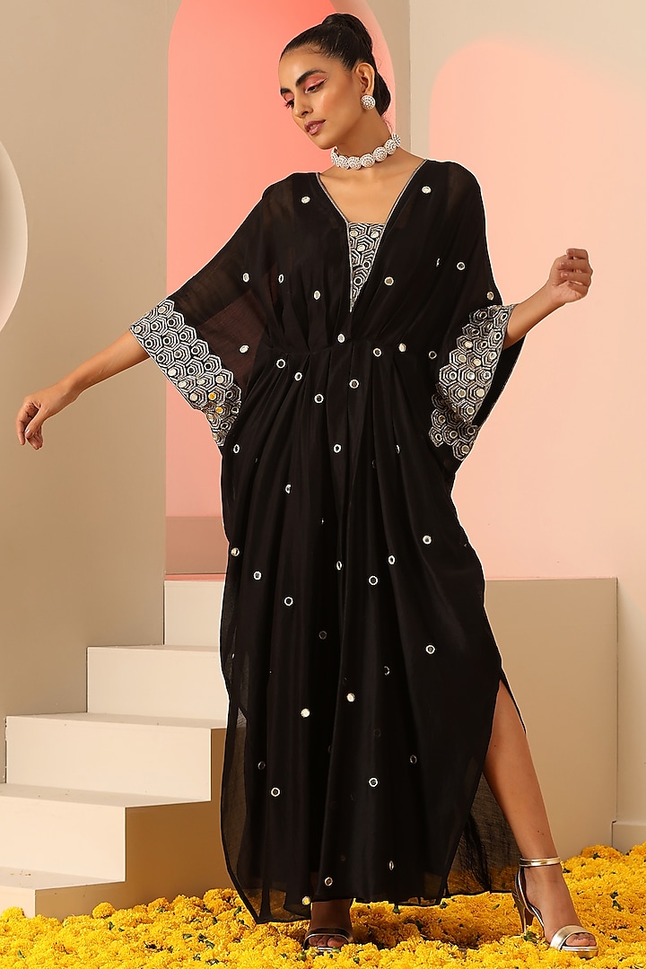 Black Cotton Silk Mirror & Zari Kaftan Dress by Kudi Pataka Designs