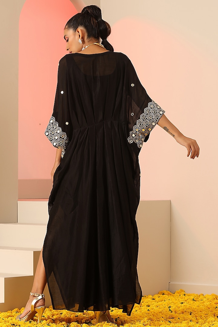 Black Cotton Silk Mirror & Zari Kaftan Dress by Kudi Pataka Designs at Pernia's Pop Up Shop