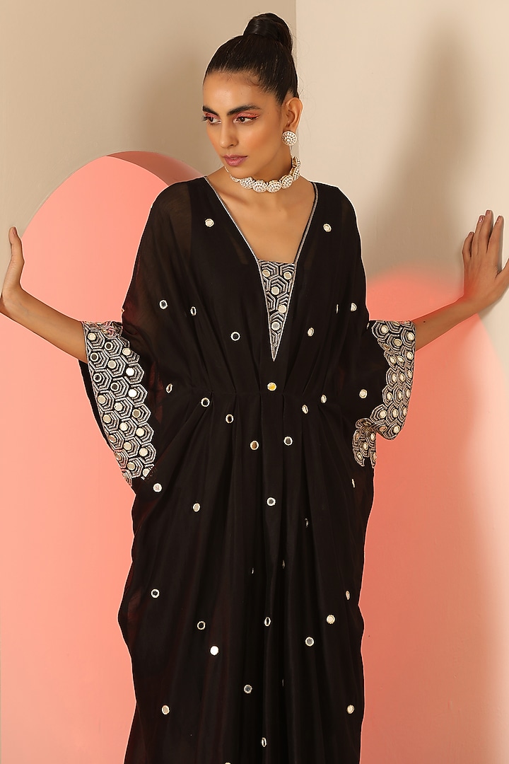 Black Cotton Silk Mirror & Zari Kaftan Dress by Kudi Pataka Designs at Pernia's Pop Up Shop