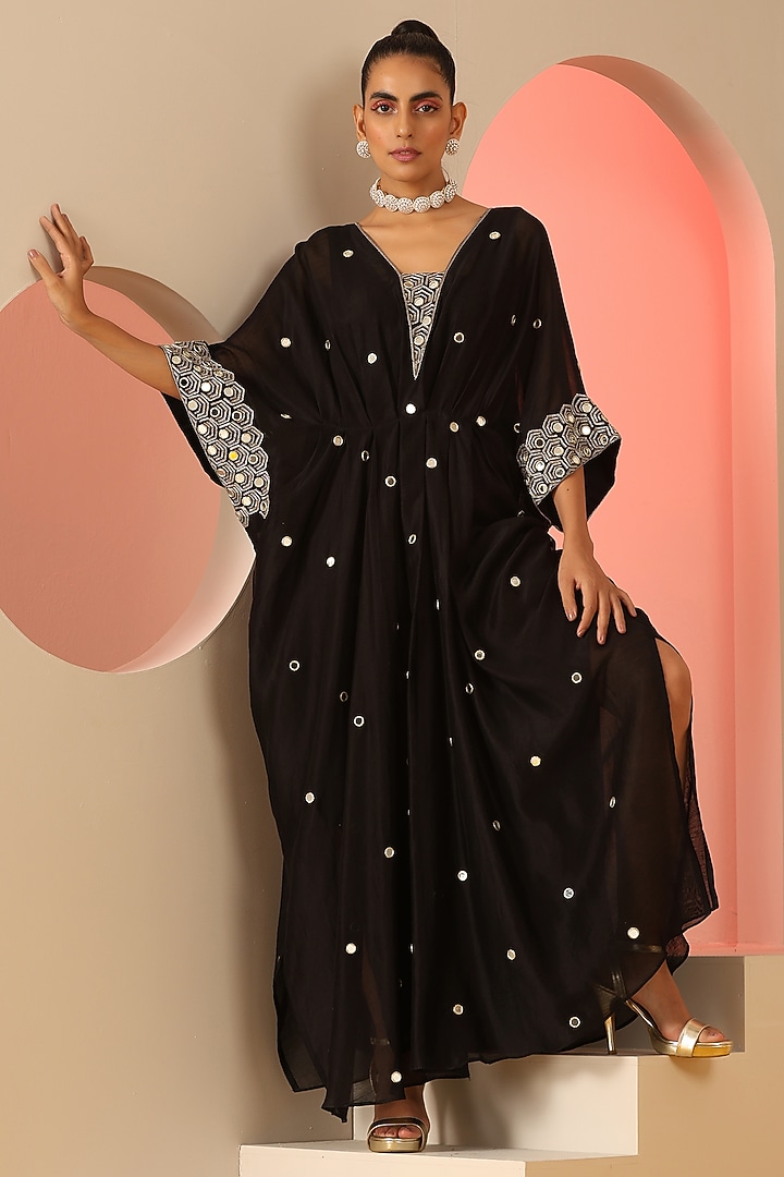 Black Cotton Silk Mirror & Zari Kaftan Dress by Kudi Pataka Designs at Pernia's Pop Up Shop