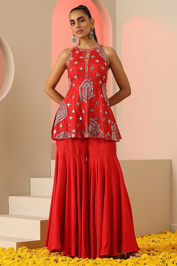 Red Dola Silk Sharara Set by Kudi Pataka Designs