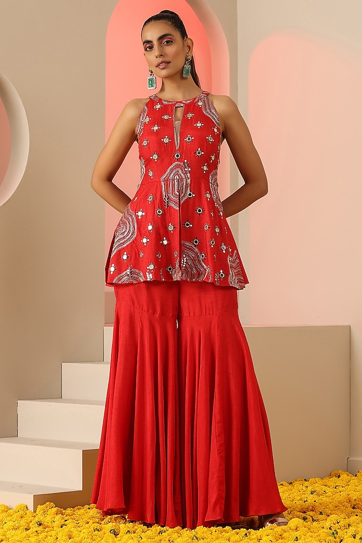 Red Dola Silk Sharara Set by Kudi Pataka Designs at Pernia's Pop Up Shop