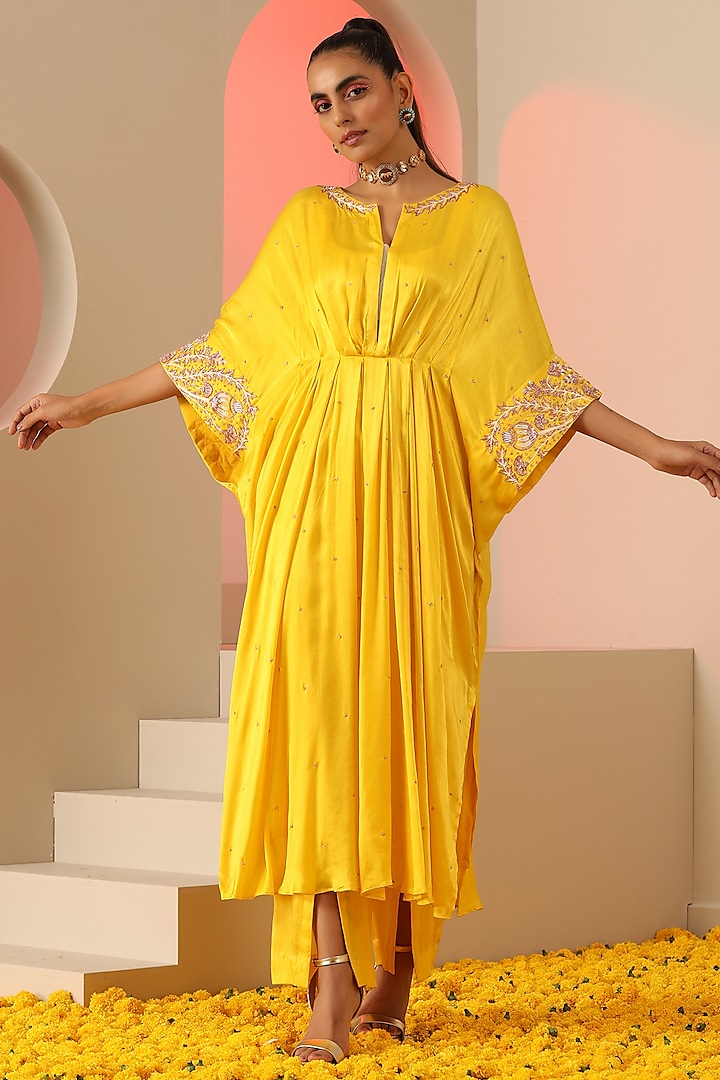 Yellow Gajji Silk Zardosi & Motifs Embroidered Kaftan Set by Kudi Pataka Designs at Pernia's Pop Up Shop