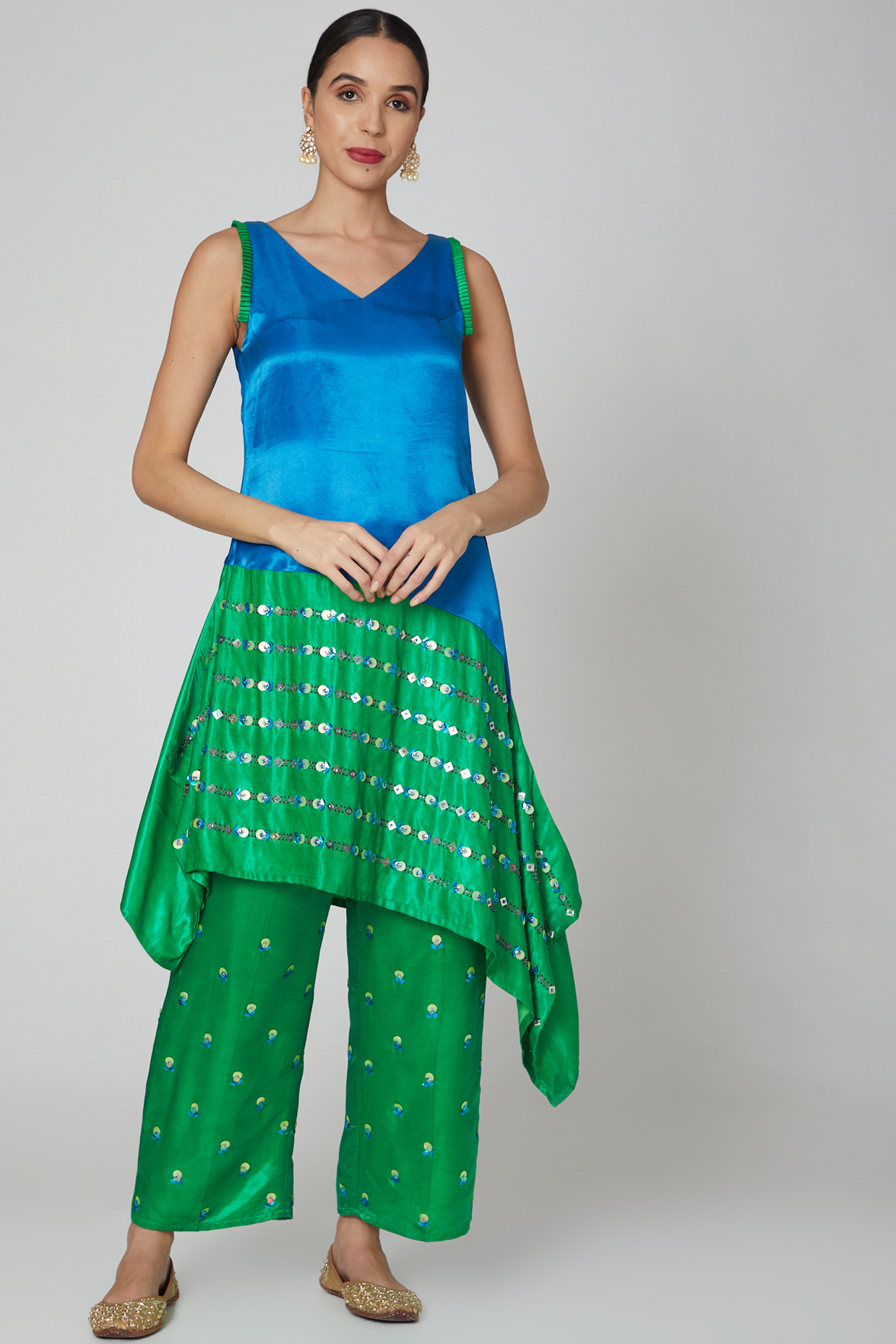 Green & Cobalt Blue Embroidered Tunic Set by Kudi Pataka Designs at Pernia's Pop Up Shop